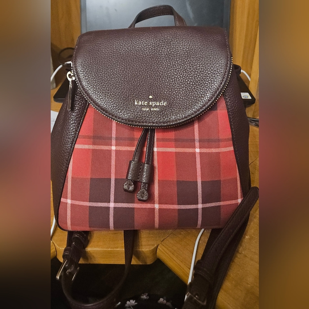 Kate Spade Red and Brown Backpack with Plaid Design